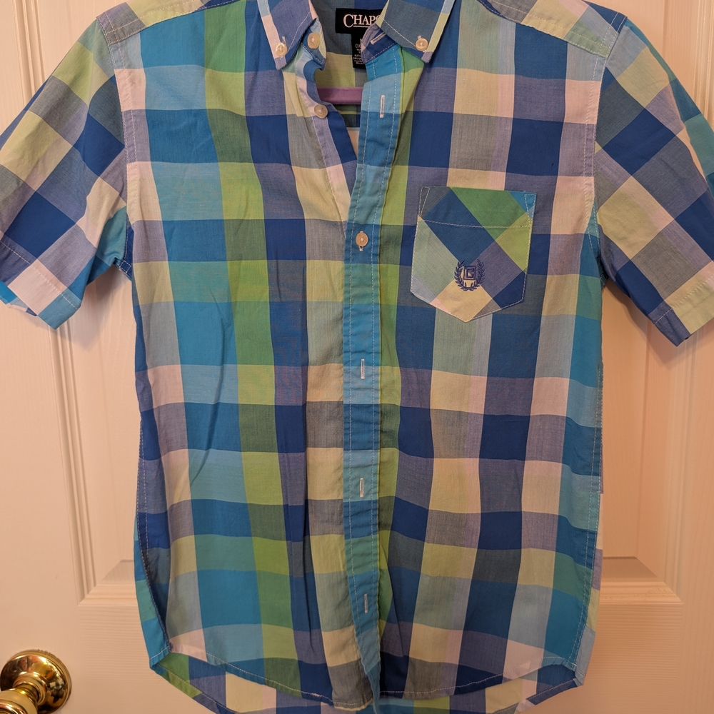 Chap Kids Boys Blue and Green Plaid Short Sleeve Shirt, Size M, 10/12, EUC